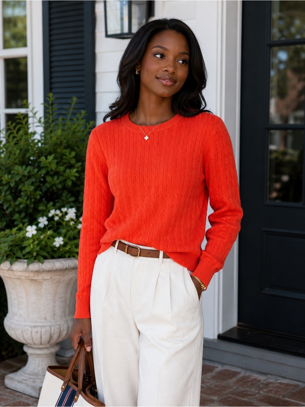 Kim Rogers Cable Knit Sweater Orange Cotton Women’s M Pullover Office Preppy